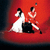 Pixelated static image of two figures in white and red outfits against a gradient background with visible dithering and low-resolution artifacts.