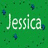 Green background with white text 'Jessica' and scattered blue dots, transitioning to a of colorful letter forming the same name
