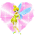 Pixelated cartoon fairy character with yellow hair and blue wings standing inside a pink heart-shaped background across three animation frames.