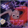 Animated sequence of a cartoon character with red hair and purple clothing against a dark starry background, displaying text fragments.