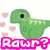 Green pixelated dinosaur with black eye and pink hearts, text 'Raur?' in bright pink block letters below.