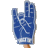 Blue foam hand with white webbing and a light blue wristband, held up against a gray background.