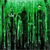 Pixelated green and black abstract composition with vertical dark shapes against a gradient green background.