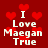 Red background with red heart shapes and white text reading "I Love Maegan True" in pixelated font.