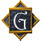 Six variations of a stylized white 'G' within a golden frame on a dark textured background, arranged in two of three