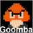 Pixelated orange mushroom-shaped character with black eyes and mouth, beige face, black body, and white text repeating 'Goomba' across the image.