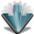Blue and gray pixelated arrow pointing downward with a metallic sheen and subtle gradient effect.