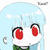 Pixelated anime-style character with light blue hair, red eyes, and a white face, wearing a green and blue outfit against a light blue background.