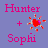 Pixelated graphic with pink text 'Hunter' above a plus sign and 'Sophi', next to red pixel art of an explosion on purple background.