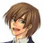 Pixelated anime-style character with brown hair, green eyes, and a slight smile, wearing a dark blue and white collared shirt against a white background.