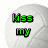 Two circular pixelated icons with white backgrounds display text: 'Kiss my' in green and 'Aoe!' in cyan.