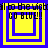 Four identical yellow squares with blue borders display "GO BLUE!!" text above nested square patterns, arranged in a on a solid blue background