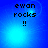 Blue background with pixelated text 'ewan rocks !!' and shifting light effects across four