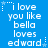 Blue background with white pixelated text reading "i love you like bella loves edward" arranged in a pattern, featuring star and dot symbols