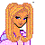 Pixelated cartoon character with long blonde hair in pigtails, wearing a purple and pink jacket over white polka-dot pants, standing next to text boxes.
