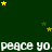 Dark green background with scattered yellow stars and repeated white text 'peace yo' in a pixelated font across three horizontal lines.