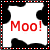 A 50x50 pixel animated buddy icon featuring a white cloud-shaped background with red text "Moo!" and black cow spots, displayed as two sequential frames in a contact sheet layout.