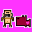 Animated contact sheet of a pixel art character interacting with a maroon object on a bright pink background, showing multiple frames of motion and text bubbles.