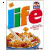 Animated cereal box icon with 'life' text, bowl of cereal, and changing heart symbols around the border.