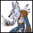 Pixelated 48x48 buddy icon featuring a Digimon character with wolf-like features and blue clothing, alongside stylized text on a black background.