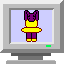 Pixelated purple and yellow character in a yellow dress performing various dance poses on light blue background within gray frame.