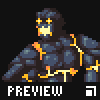 Pixel art character with dark blue armor and glowing yellow-orange accents, seated in a crouched pose against black background.