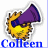 Pixelated icon with yellow-orange sunburst, purple megaphone, and blue text reading 'Colleen' below.