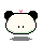 Pixelated panda head with black ears, white face, and green chin outline in four variations showing different eye positions and floating bubbles.