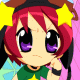 Pixelated cartoon character with red hair, yellow star-shaped accessories, and purple eyes; one frame shows closed mouth, next shows open mouth.