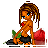 Pixel art buddy icon featuring a cartoon character with orange skin and brown dreadlocks, seated next to red roses on a white background.