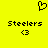Yellow background with black pixelated text and symbols: 'Steelers' above '<3', a heart outline at top center.