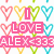 Pixelated icon with pink text 'I LOVE ALEX<333' surrounded by heart outlines in red, yellow, green, and cyan on white background.