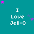 Teal background with repeated 'I Love Jell-O' text in white pixelated font, scattered pink and purple stars, and a gray rectangular overlay in the bottom-right corner.