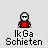Pixel art character in red shirt with white helmet holding blue object, text 'IkGa Schieten' below, multiple poses including one with yellow spark effect.