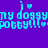 Pixelated text 'my doggy potty!!!' with heart symbols on four distinct background colors in a