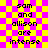 Pixelated text on a yellow and pink checkered background with animated light effects.