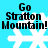 Four identical pixelated icons display "Go Stratton Mountain!" text over a white snowflake on cyan background, arranged in with slight visual differences between top-left and bottom-right versus top-right and bottom-left