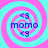 Four identical square arranged in a , each containing a cyan and pink spiral background with blue text reading "<3 momo <3" at center