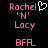 Pixelated pink text and a white heart symbol on black background, with two identical static frames showing 'Rachel', ''N'', 'Lacy', 'BFA' in sequence.
