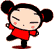 Three pixelated cartoon characters with black pigtails, red tops, and black pants stand against a gray background in sequential poses.