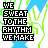 Pixelated text "WE SWEAT TO THE RHYTHM WE MAKE" repeats across a with blue and green background elements, each instance showing distinct color variations in the letters
