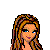 Pixel art buddy icon featuring a female character with long brown hair and blue eyes standing next to a blue-bordered sign reading "Blue Beauty" in pixelated text.