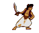 Pixel art character in white pants and brown top holding a sword, shown across nine poses with varying stances and weapon positions.