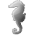 A grayscale pixelated seahorse with a curled tail, facing left, set against a solid light gray background.