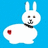Pixelated white bunny with brown eyes and black nose on blue background, red heart symbol on side, next to 'EMO BUNNY' text in bold black-and-white blocks.