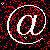nine identical white @ symbols in circular outlines on a black background with red pixel noise, one gray rectangle occupies the bottom-right corner