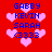 Red background with blue text listing names and numbers surrounded by pink hearts, showing animation changes in heart size and spacing.