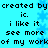 Pixelated text on cyan background with blue star patterns, repeating phrases about creation and liking work.