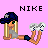 Pixel art of a blonde character with green eyes wearing a blue cap and gray top, holding white sneakers with blue accents against a pink background.