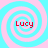 Four identical spiral patterns with alternating light blue and pink rings, each containing the red text 'Lucy' at center.